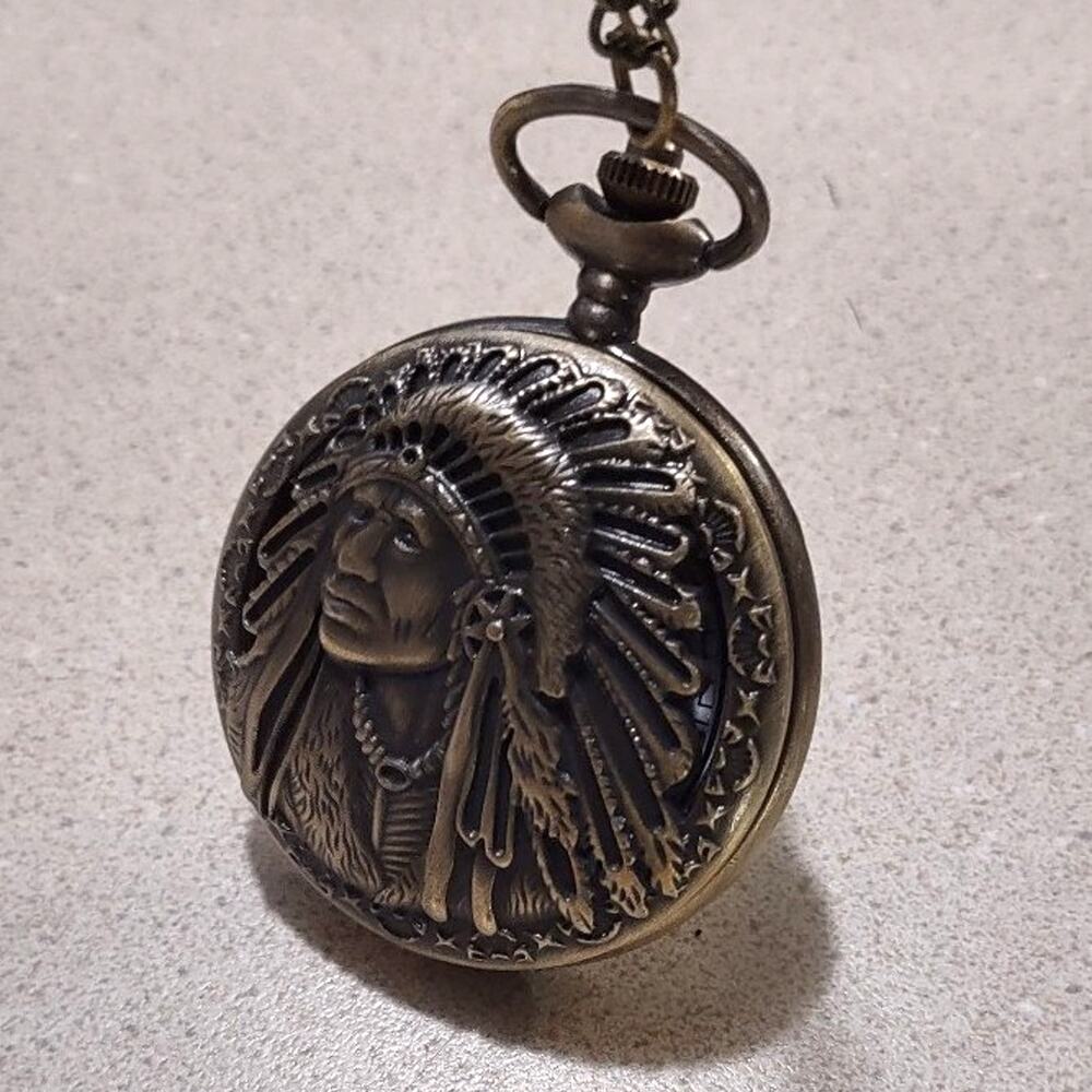 Native American Indian Chief Gold Pocket Watch / Necklace Christmas Birthday NEW